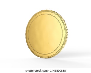 Blank Gold Coin Mock Up Coin Isolated On A White Background. Empty Golden Piece Of Money Mockup Stand.3D Illustration