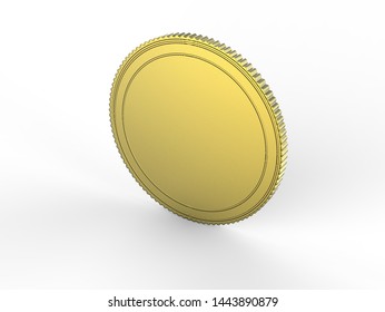 Blank Gold Coin Mock Up Coin Isolated On A White Background. Empty Golden Piece Of Money Mockup Stand.3D Illustration