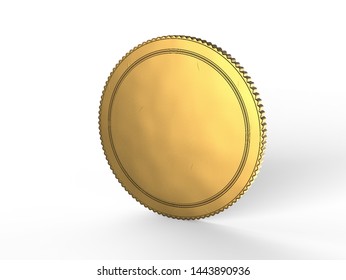 Blank Gold Coin Mock Up Coin Isolated On A White Background. Empty Golden Piece Of Money Mockup Stand.3D Illustration