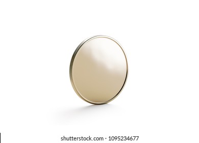 Blank Gold Coin Mock Up, Isolated, Side View, 3d Rendering. Empty Golden Iece Of Money Mockup Stand. Clear Valuable Shiner On The Edge Template