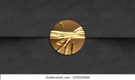 Blank Gold Crumpled Sticker On Black Paper Mockup, 3d Rendering. Empty Luxury Tag On Gift Pack Mock Up, Top View. Clear Golden Circular On Paper Envelove For Logo Mokcup Template.