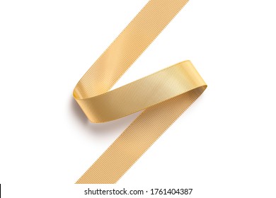 Blank Gold Curl Silk Ribbon Mock Up, Isolated, 3d Rendering. Empty Satin Swirl Lace For Celebration Package Mockup, Top View. Clear Decoration Gift Strip For Wrapping Mokcup Template.