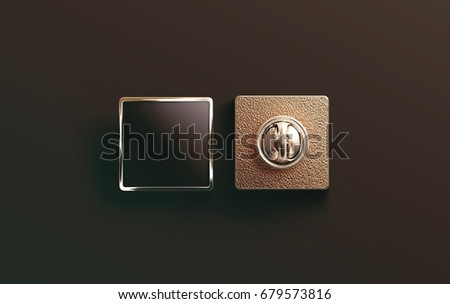 Blank gold enamel pin black mock up, front and back side view, 3d rendering. Empty luxury hard lapel badge mockup. Golden clasp-pin design template. Matal square brooch for logo presentation. ストックフォト © 