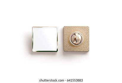 Blank Gold Enamel Pin Mock Up, Front And Back Side View, 3d Rendering. Empty Luxury Hard Lapel Badge Mockup. Golden Clasp-pin Design Template. Matal Square Brooch For Logo Presentation.