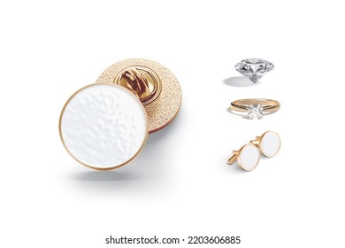 Blank Gold Enamel Pin, Ring, Cufflinks And Diamond Mockup, Isolated, 3d Rendering. Empty Jewellery Accessory For Fiancee And Groom Mock Up. Clear Badge, Cuffs And Brilliant For. 3D Illustration