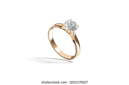 Blank gold ring with diamond mockup stand, half-turned view, 3d rendering. Empty female sparkle jewelery with carat mock up, isolated. Clear platinum metal accessory template.