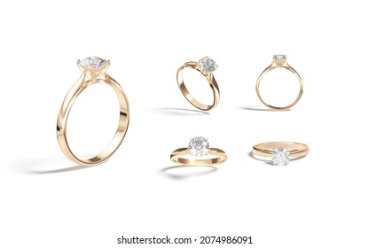 Blank Gold Ring With Diamond Mockup, Different Views, 3d Rendering. Empty Golden Engagement Jewelry With Diamant Mock Up, Isolated. Clear Bride Gemstone With Sparkle Brilliant Template.