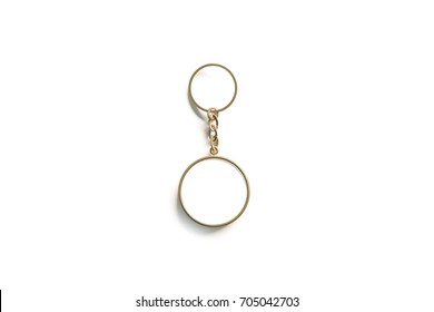 Blank Gold Round White Key Chain Mock Up Isometric View, 3d Rendering. Clear Golden Circular Keychain Design Mockup Isolated. Empty Plain Keyring Souvenir Holder Template. Steel Circle Trinket Label