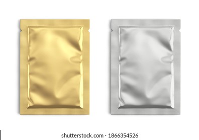 Blank Gold And Silver Metal Sachet Packet Isolated On White. Small Pack Sachet Mockup. 3d Rendering