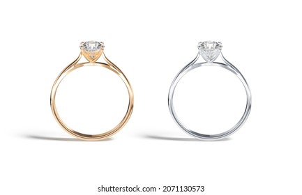 Blank Gold And Silver Ring Diamond Mockup Stand, Front View, 3d Rendering. Empty Precious Platinum Jewellery Mock Up, Front View. Clear Adamant Or Gem Present For Fiancee Template.