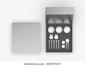 Blank golf accessory gift set box for branding. 3d illustration.