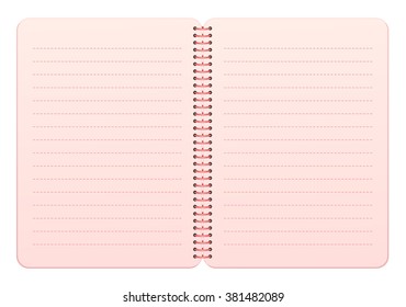 Blank Gradient Light Pink Wire Bound Double Page Notebook Paper Spread with Dashed Lines isolated on White Background Illustration