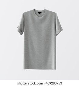 Blank Gray Cotton Tshirt Isolated Center White Empty Background.Mockup Highly Detailed Texture Materials.Clear Label Space For Business Message. Square.Front Side. 3D Rendering