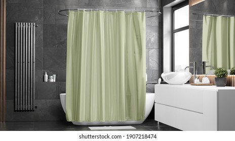 Blank Green Closed Shower Curtain Mockup, Front View, 3d Rendering. Empty Shutter For Bathroom Interior Mock Up. Clear Decorative Apartment With Bathing Furniture Template.