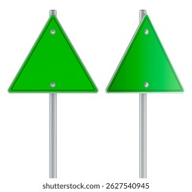 Blank green triangular traffic sign with front and side views, 3D illustration isolated on white background
