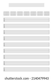 Blank Guitar (6 Strings) Tablature Sheet Template With Chords Blocks To Write Music. A4 Format In Portrait Mode With A Song Title And Artist Name Block At The Top