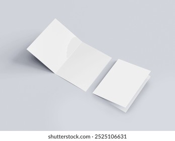 Blank half-folded booklet, Menu, Postcard, brochure mockup template on gray background. Bi-folded flyer for design and advertisement on gray.