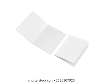 Blank half-folded booklet, Menu, Postcard, brochure mockup template on gray background. Bi-folded flyer for design and advertisement on isolated white