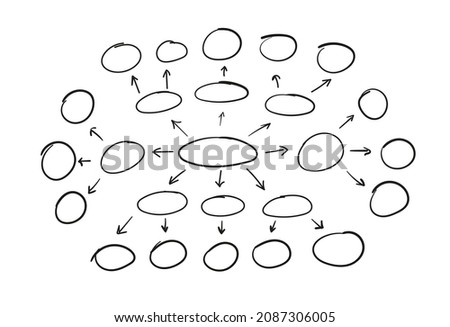 Blank Hand Drawn Mind Map, Freehand Drawings, Circles and Arrows, Black Outline Illustration Isolated on White Background, Scheme Template.