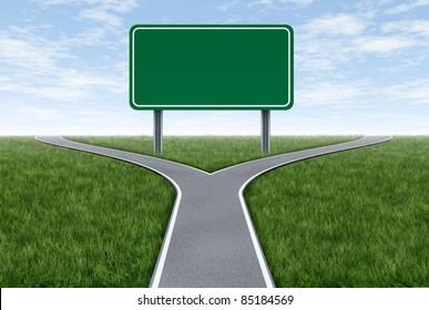 Blank Highway And Road Sign Metaphor With Fork Shaped Traffic Lanes Showing The Concept Of Dilemma And Selecting The Right Option.