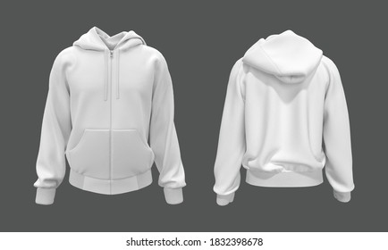 Blank hooded sweatshirt, men's hooded jacket with zipper for your design mockup for print, isolated on grey background, 3d rendering, 3d illustration