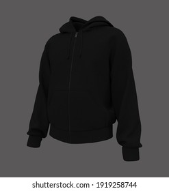 Blank Hooded Sweatshirt  Mockup With Zipper In Front View, 3d Rendering, 3d Illustration