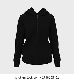 Blank hooded sweatshirt  mockup with zipper in front view, isolated on white  background, 3d rendering, 3d illustration