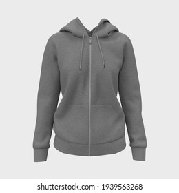 Blank Hooded Sweatshirt  Mockup With Zipper In Front View, 3d Rendering, 3d Illustration