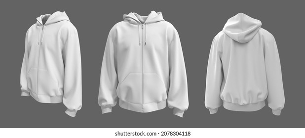 Blank Hooded Sweatshirt  Mockup With Zipper In Front, Side And Back Views, 3d Rendering, 3d Illustration