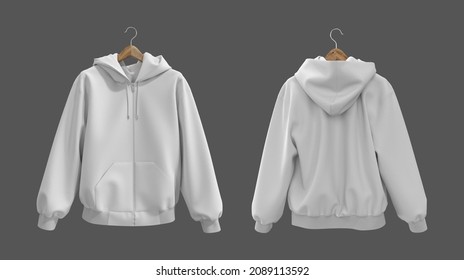 Blank Hooded Sweatshirt  Mockup With Zipper In Front, Side And Back Views, 3d Rendering, 3d Illustration