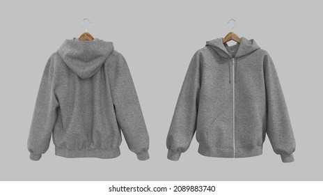 Blank Hooded Sweatshirt  Mockup With Zipper In Front, Side And Back Views, 3d Rendering, 3d Illustration