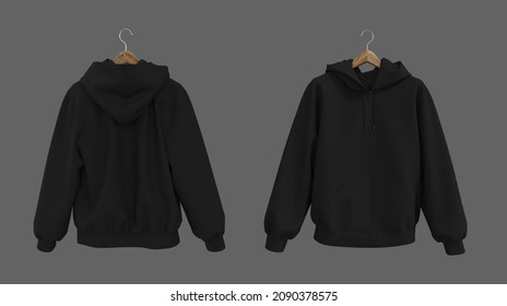 Blank Hooded Sweatshirt  Mockup With Zipper In Front, Side And Back Views, 3d Rendering, 3d Illustration