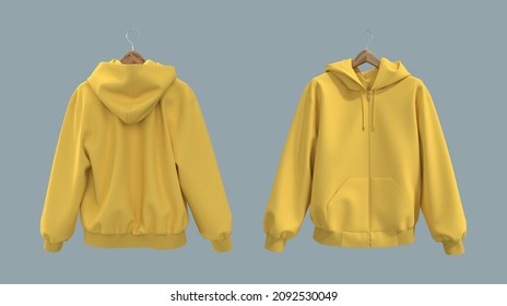 Blank Hooded Sweatshirt  Mockup With Zipper In Front, Side And Back Views, 3d Rendering, 3d Illustration