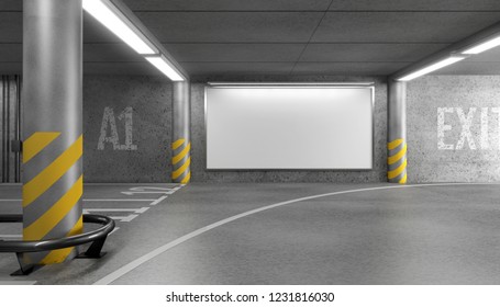 Blank Horizontal Big Poster In An Car Parking Garage Under Shopping Center. Billboard Mockup. 3D Rendering.