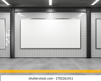 Blank Horizontal Big Poster In Public Place. Billboard Mockup On Subway Station. 3D Rendering.