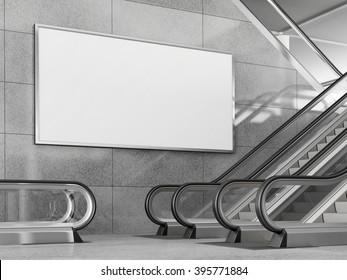 Blank horizontal big poster in public place. Billboard mockup near to escalator in an mall, shopping center, airport terminal, office building or subway station. 3D rendering.