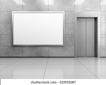 Blank horizontal billboard or poster in the elevator hall. 3D illustration of advertising surface.