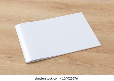 Blank Horizontal Booklet Cover On Wooden Background With Clipping Path Around Booklet. 3d Illustration