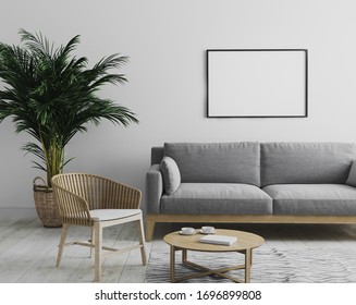 Blank Horizontal Picture Frame Mockup In Modern Interior  Living Room Background In Gray Tones With Gray Sofa And Wooden Armchair, Palm Tree And Coffee Table, Scandinavian Style, 3d Render