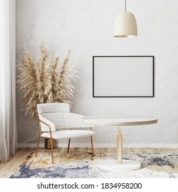 Blank  Horizontal Picture Frame Mockup In Bright Room With Luxury Round Dinning Table, White Chair, Modern Design Rug, Scandinavian Style, 3d Rendering