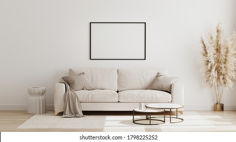 Blank horizontal poster frame mock up in  scandinavian style living room interior, modern living room interior background, beige sofa and pampas grass, 3d rendering