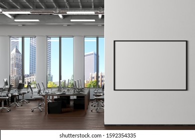 Blank Horizontal Poster Mock Up On The White Wall In Office Interior. 3d Render.