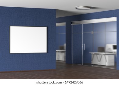 Blank Horizontal Poster On The Blue Wall In Modern Office. 3d Illustration