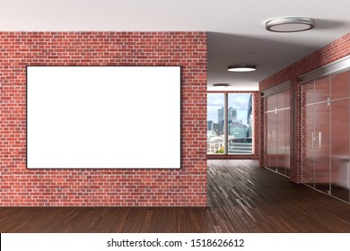 Blank Horizontal Poster On The Red Brick Wall In Modern Office Interior. 3d Illustration