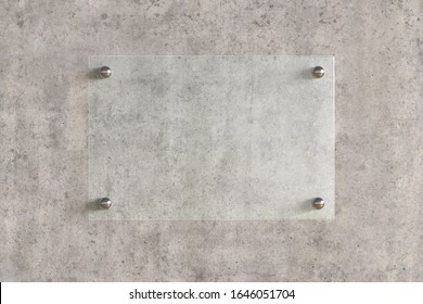 Blank Horizontal Transparent Glass Sign Plate On The Concrete Wall. Name Plate Mock Up With Clipping Path Around Glass. Front View. 3d Illustration