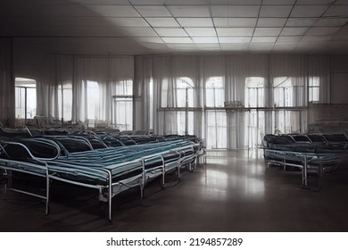 Blank Hospital Environment With Rows Of Beds Against Lit Windows