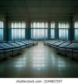 Blank Hospital Environment With Rows Of Beds Against Lit Windows