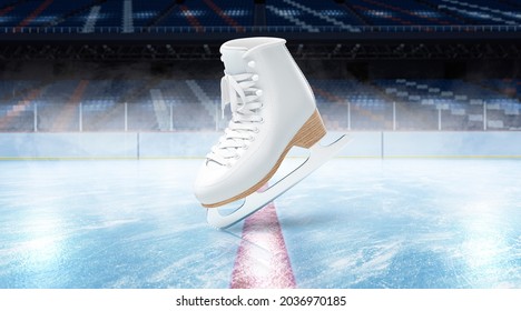 Blank Ice Rink Surface With Skate Background Mockup, Side View, 3d Rendering. Empty Cold Arena Space With Boot On Tiptoe Mock Up. Clear Scratched Surface For Winter-sports Template.