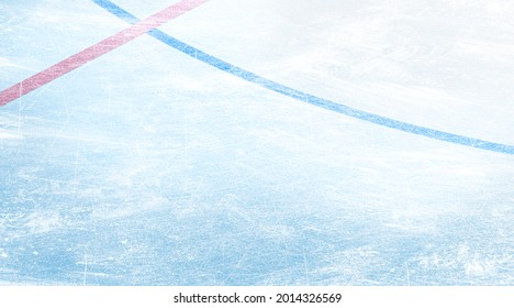 Blank Ice Skates Surface Background Mockup, Top View, 3d Rendering. Empty Scratched Icy Texture Backdrop Mock Up. Outdoor Blue Freeze Skating-rink Or Sporty Arena Template.