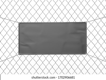 Blank Indoor Outdoor Fabric Vinyl Banner Hanging On The Fence. 3d Illustration.